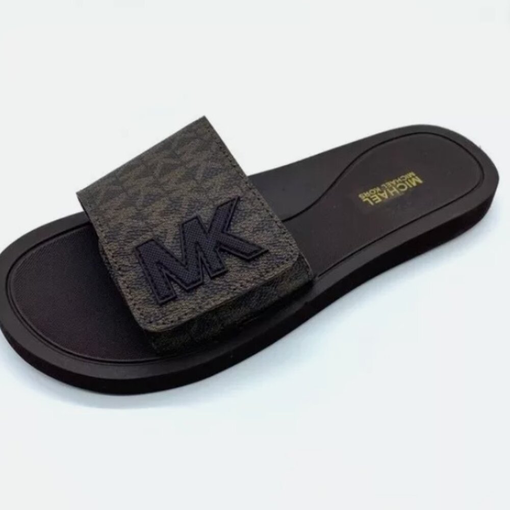 NWT MICHAEL KORS BROWN LOGO PRINT SLIP ON SANDALS SLIDES SHOES